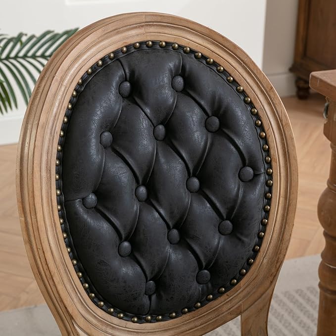 Ball & Cast French Vintage Upholstered Dining Chairs Set of 2, Button Tufted Kitchen Side-Chairs with Carved Antique Wood Frame & Nailhead Trims, PU-Leather Curved Backrest Louis Chair, PU Black