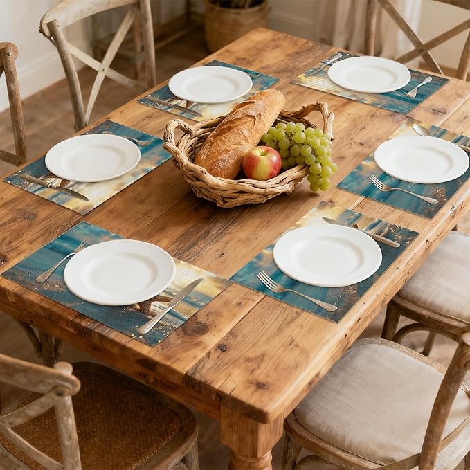 Placemats, Sunrise Starfish Beach Placemats 12x18 Inch Waterproof Non-Slip Washable Table Mats for Kitchen Dining Party Table Decor,Set of 6
