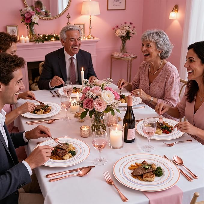 WELLIFE 300 PCS Rose Gold Dinnerware Set for 50 Guests, Valentine's Day Plate, 50 Dinner & Salad Plates,Cups, Forks Knives Spoons for Wedding Reception and Mothers Day Plates