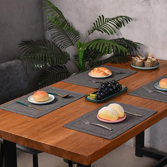 Tosewever Set of 4 Decorative Linen Placemats 12 x 18 Inches, Farmhouse Style Table Mats for Everyday Dining Wedding Party Holiday Home Decor (4 Pieces 12 x 18”, Grey/Straight)