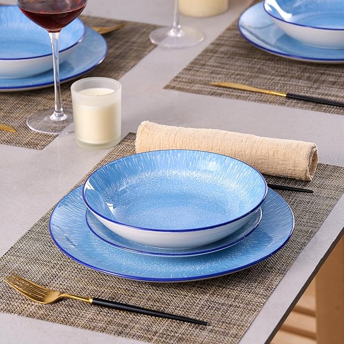 Bestone 12-Piece Round Porcelain Dinnerware Set, Service for 4, Chip Resistant Plates and Bowls,Blue, Dishwasher & Microwave Safe for Home Daily Use