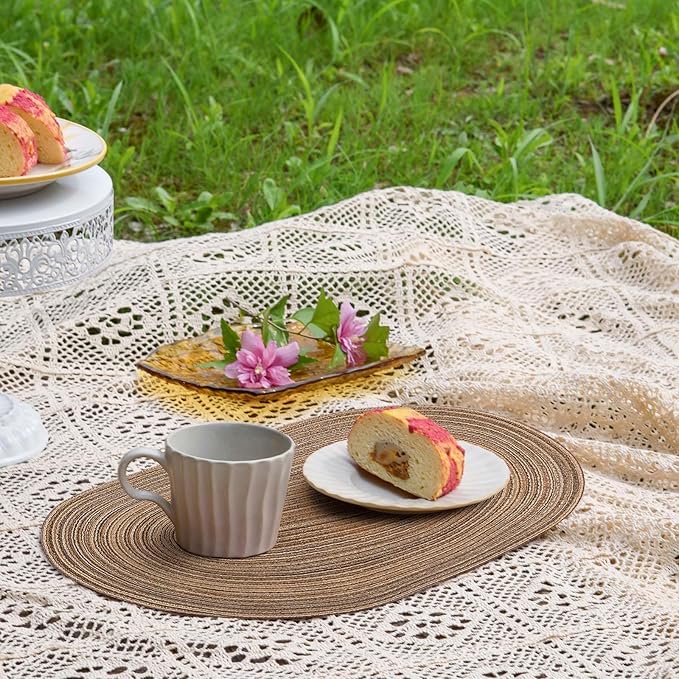 Noctiflorous Oval Braided Placemats Set of 8 Woven 12x18 Inch Non Slip Washable Heat Resistant Place Mats Round Tablemats for Dining Kitchen Party Daily Table Decor Dinner Mats (Brown, 8)