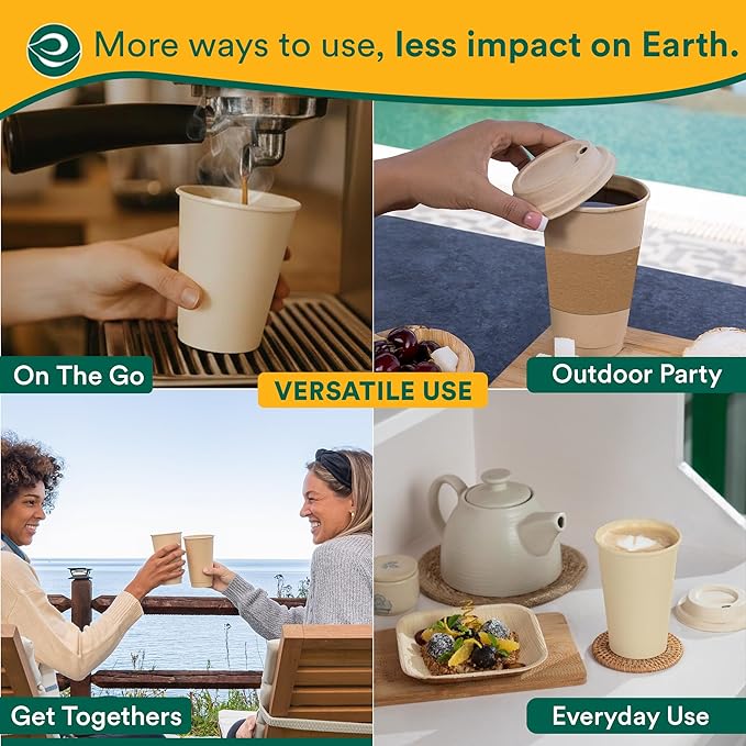 ECO SOUL 100 Pack 8 oz Disposable Coffee Cups Eco-Friendly, Biodegradable, Compostable, Leak-free & Sturdy To Go Hot Drink Travel Bagasse Cup for Tea, Chocolate, Party, Picnic & Cafe, Office & Home