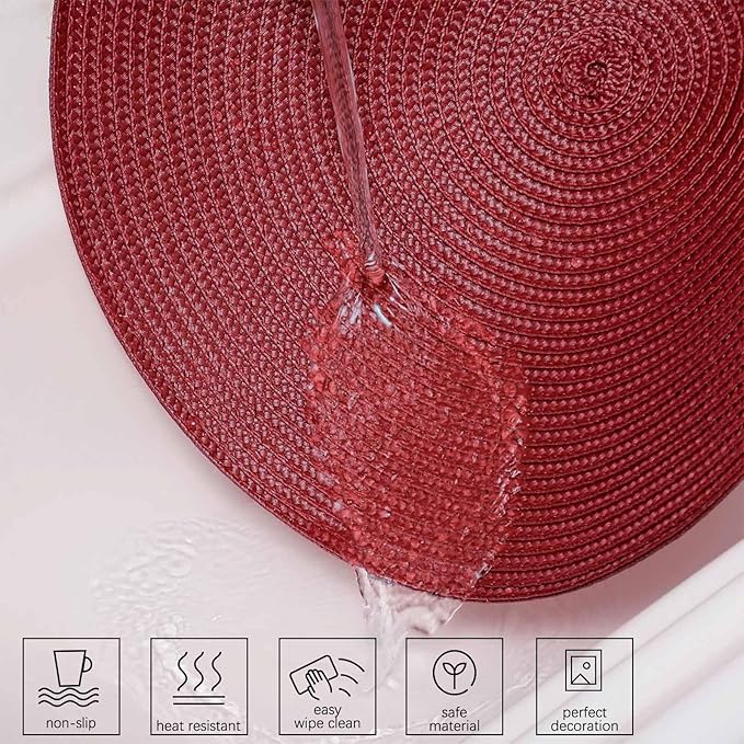 AHHFSMEI Round Braided Placemats 15 Inch Round Table Mats for Dining Tables Natural Woven Heat Resistant Place mats Set of 8 (Burgendy Red,8)