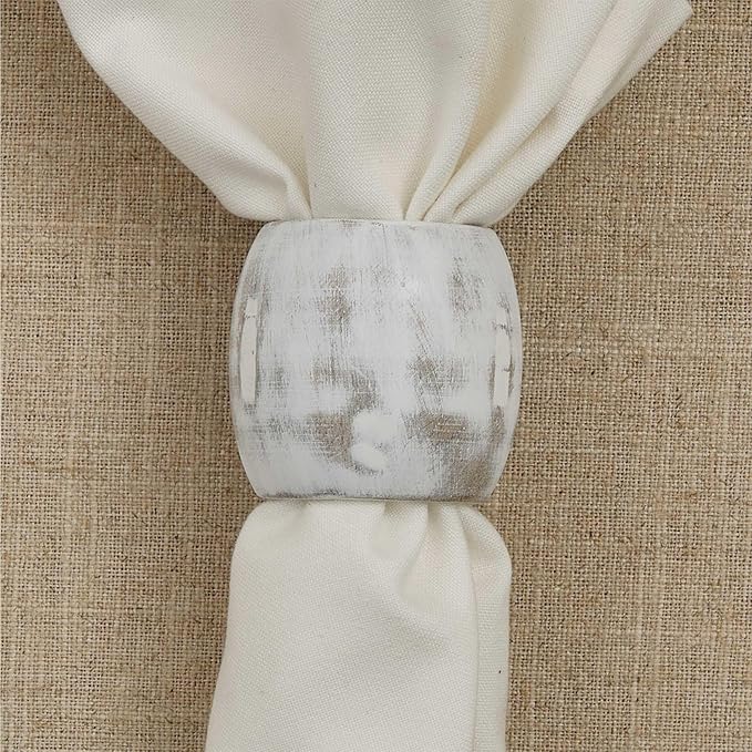 Split P Sun Washed Cuff Napkin Ring Set of 4 | Rustic Cream Mango Wood Napkin Holders with Antique Finish | 2" x 2.5" | Farmhouse, Coastal & Boho Table Decor
