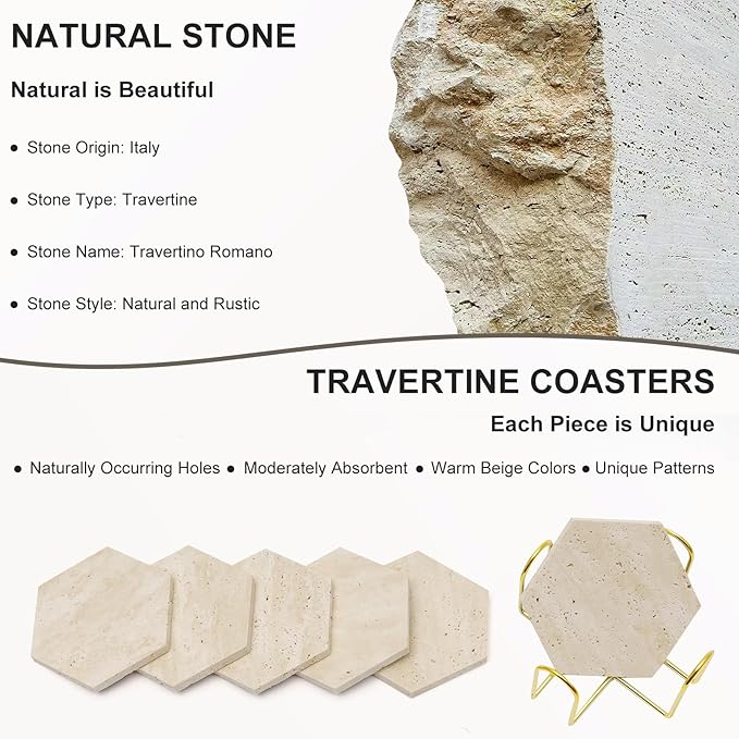 Travertine Coasters Set of 6 with Gold Holder, Hexagonal Rustic Beige Marble Drink Coasters for Coffee Table Decor, Porous Stone Absorbent Coaster for Drinks, Velvet Backed