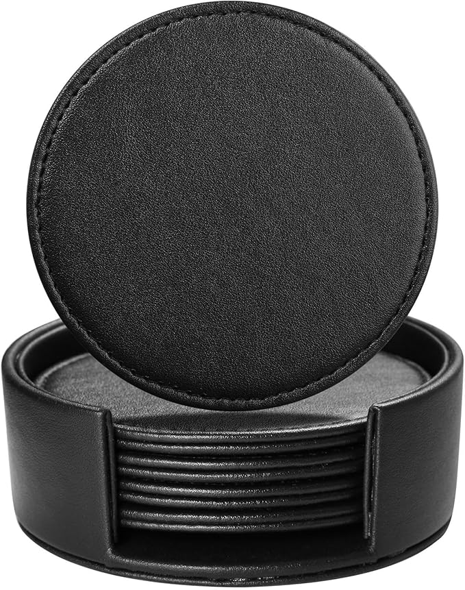 Drink Coasters with Holder, 4" Leather Coasters for Drinks Set of 6 for Tabletop Protection, Elegant Home Decor & Handmade Housewarming Gift - Black