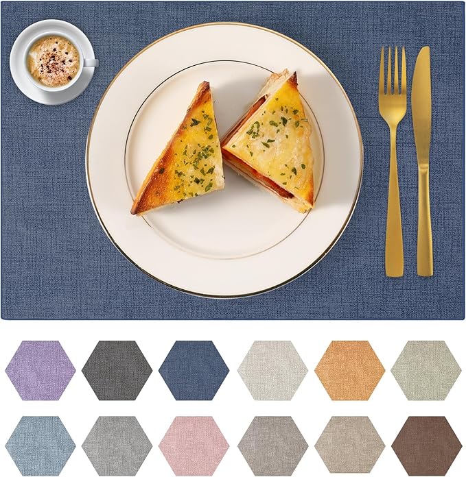 Faux Leather Placemats Set of 4 Washable PU Table mats for Kitchen Table - Heat Resistant, Waterproof, Easy Clean, Anti Slip 11.8" x 17" (Dark Blue-4 Pack)