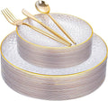 Rubtlamp 150Pcs Plastic Plates, Heavy Duty Clear Plates With Gold Rim, Hammered Gold Dinnerware Set Include 30 Dinner Plate, 30 Dessert Plate, 90 Plastic Silverware