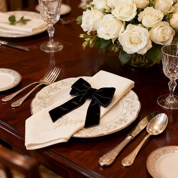 Bow Napkin Rings Set of 12 Luxury Soft Black Velvet Napkin Holders, Elegant Bow Design for Christmas Holiday Dinner Wedding Party Table Decor