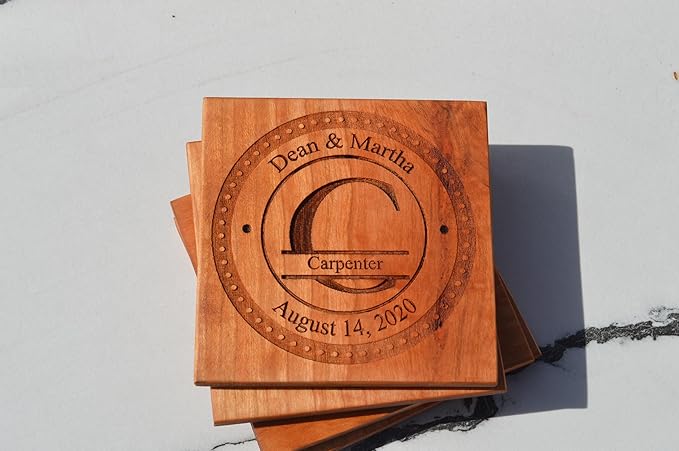 Personalized Wooden Coasters with Monogram, Wedding Date Engraved, Family Name- Choice of Wood (Split Letter Monogram)