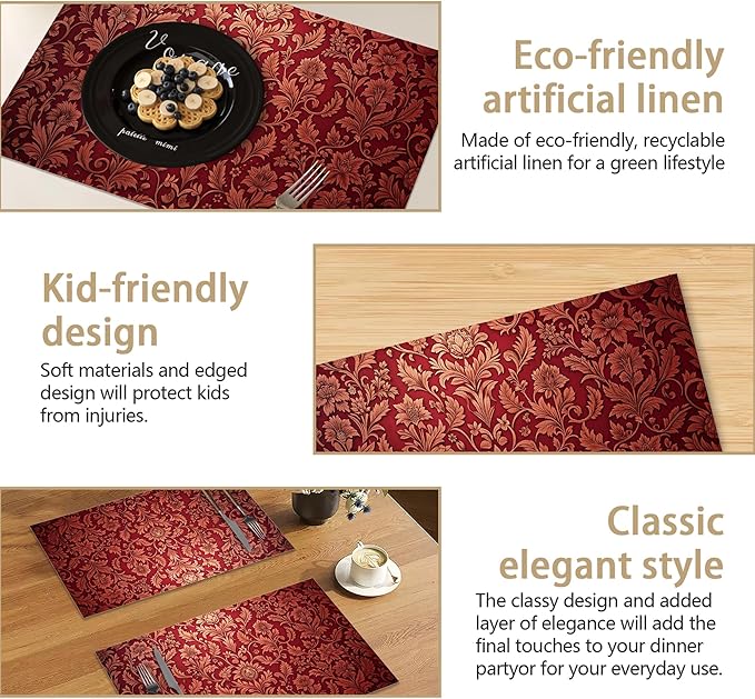 Luxury Jacquard Placemats Set of 6, Red Ethnic Bohemian Waterproof Linen Fabric, Non-Slip Backing & Easy Clean, Elegant Dining Table Protectors for Family and Guests