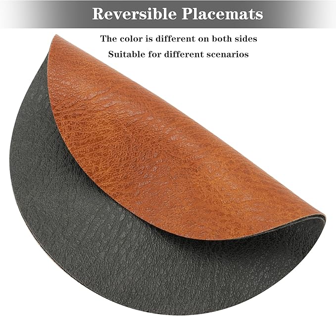 Round Placemats and Coasters Set of 6, Washable Reversible Faux Leather Placemats Cowhide Pattern Place Mats Wipeable Non-Slip 15 inch Round Kitchen Dining Table Mats (Gray Brown, 6)