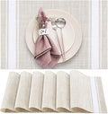 DACHUI Placemats Set of 8, Soft & Elegant Woven Vinyl Place Mats, Water Resistant, Heat Resistant, Washable, Durable Table Mats (White Stripes)