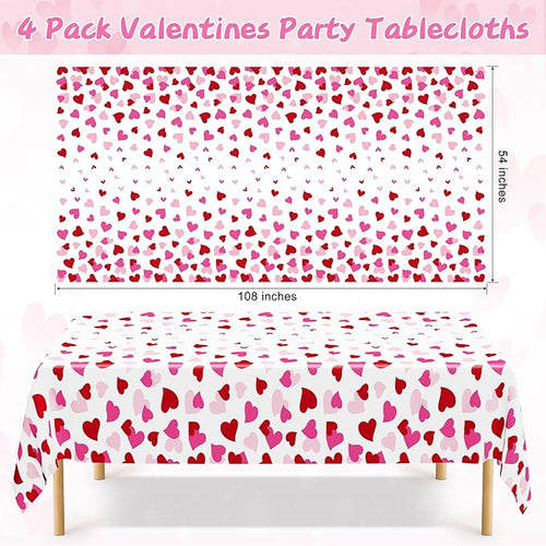 4 Pack Valentines Decorations, 108" X 54" Valentines Tablecloths, Heart-shaped Disposable Red Pink Tablecloths Love Plastic Table Cover, Galentines Decorations Party Supplies for Wedding Birthday
