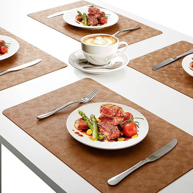 Vinyl Placemats Set of 4 Faux Leather 100% Waterproof Wipeable Washable Place Mats Heat Resistant Easy Clean Non-Slip Table Mats for Indoor Outdoor. (4, Brown)
