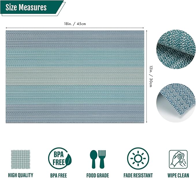 Winknowl Placemats Set of 6, Washable Vinyl Woven Placemats, Heat Resistant & Wipeable Table Mats for Kitchen Dining Table (Blue)