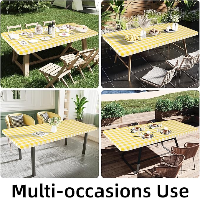 Smiry Rectangle Picnic Table Cloth, Elastic Waterproof Fitted Vinyl Tablecloths, Flannel Backed Buffalo Plaid Table Covers for Dining, Camping, Outdoor (White and Yellow, 36" x 96")