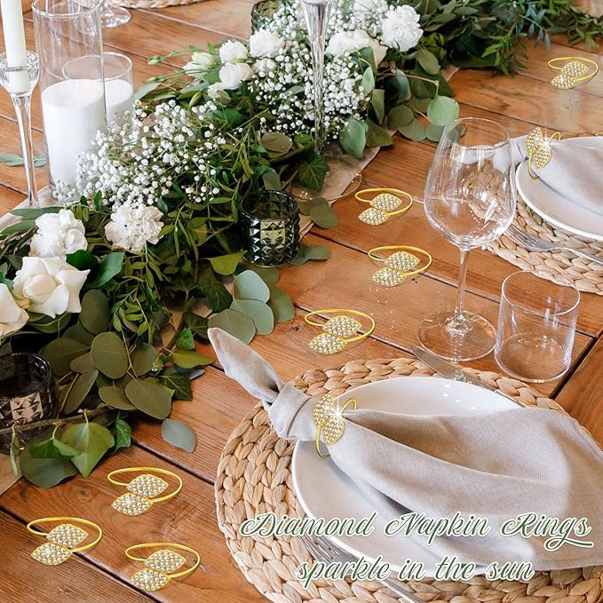 Hotop 500 Pcs Valentine's Day Napkin Rings Gold Table Decorations, Elegant Bling Leaves Napkin Rings, Rhinestone Guest Towels Buckle for Holiday Gather Party, Wedding Dinner Banquet Table Decoration