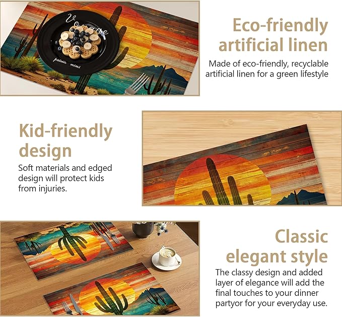 Table Placemats Set of 6, Waterproof Linen Fabric, Non-Slip Backing & Easy Clean, Elegant Dining Table Protectors for Family and Guests (Boho Cactus)