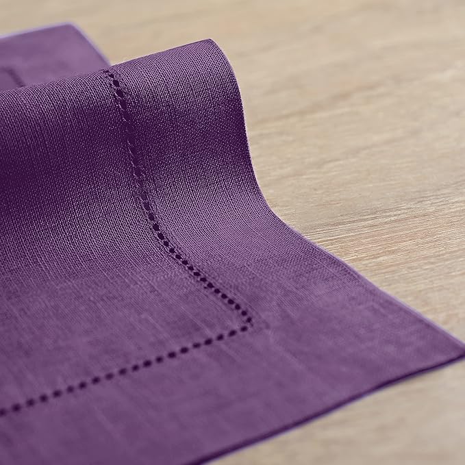 Solino Home Linen Cloth Placemats Set of 6-100% Pure Linen Hemstitch Purple Placemats 14 x 19 Inch - Classic Hemstitch Table Place Mats for Valentines, Spring, Easter