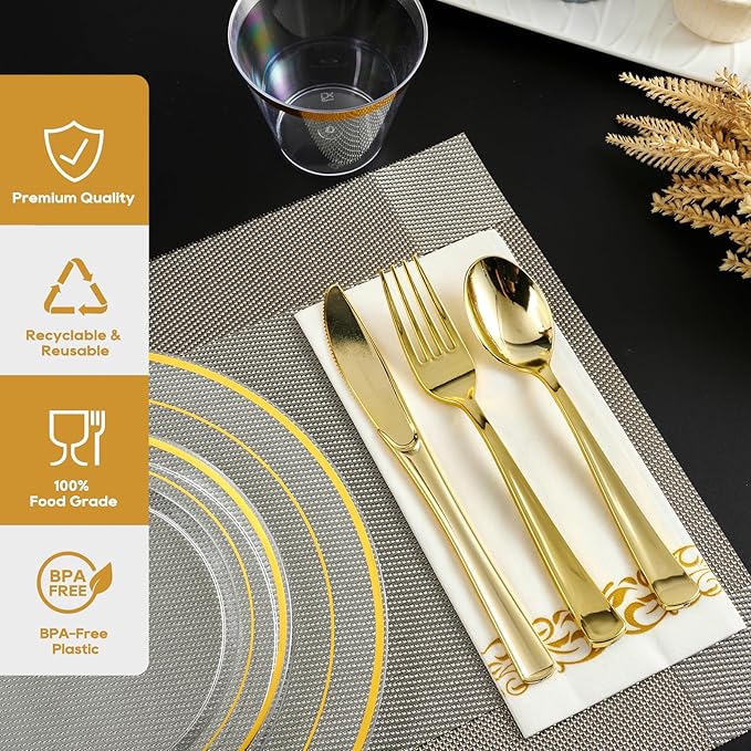 FOCUSLINE 350 Count Clear Dinnerware Set for 50 Guests- Clear Plastic Plates with Gold Rim, Includes Disposable 50 Dinner & Salad Plates, Cups, Napkins and Cutlery Set