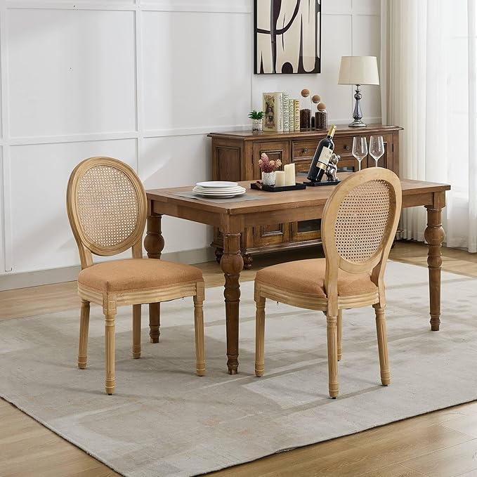 Vintage French Rattan Dining Chairs Set of 6, Round Back Accent Chairs with Rattan Backrest and Upholstered Linen Seat, Solid Wood Frame Sillas de Comedor for Dining Room & Kitchen, Camel