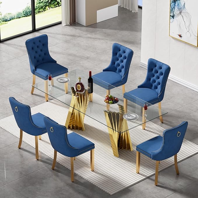 7 Piece Glass Dining Table Set,70" Dinner Room Glass Table Set for 6,Modern Kitchen Dinner Table Set with Stainless Steel Base and 6 Upholstered Velvet Dining Chairs for Living Dining Room