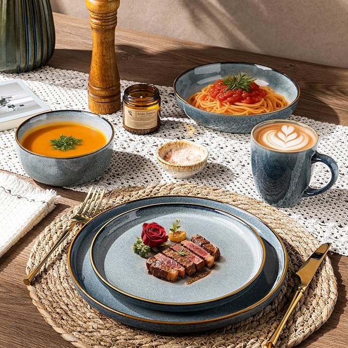 GBHOME 24 Pieces Double Bowls Ceramic Dinnerware Sets for 6, Stoneware Plates and Bowls Set with Reactive Glaze, Scratch Resistant Stoneware Dishes Set, Dishwasher & Microwave Safe