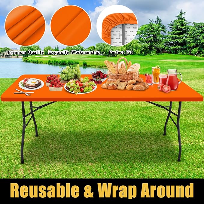 Smiry Rectangle Picnic Table Cloth, Waterproof Elastic Fitted Tablecloths for 8 Foot Tables, Washable Polyester Table Cover for Camping, Indoor and Outdoor (Orange, 30"x96")