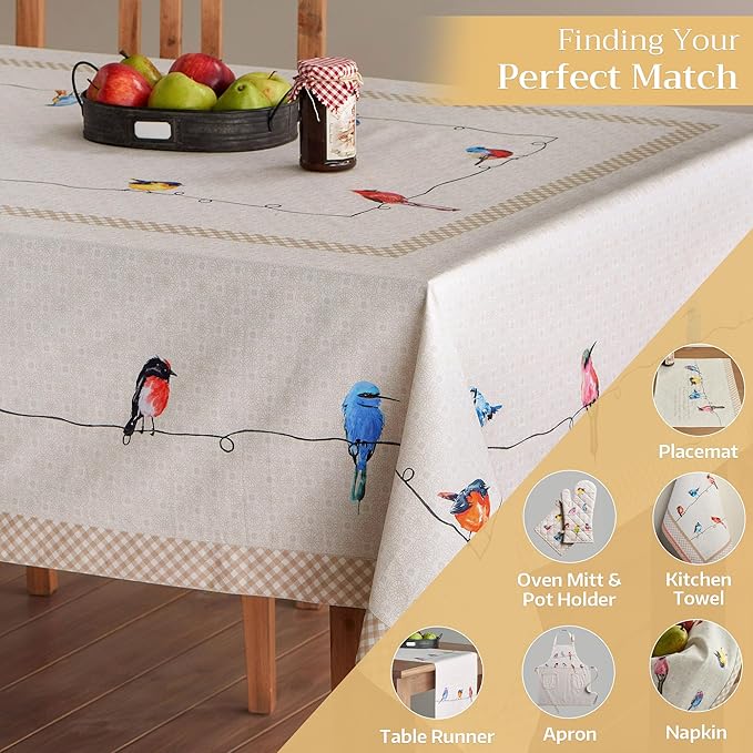 Maison d' Hermine Table Cloth Rectangle Table 100% Cotton 70 x 108 Inches Tablecloth Reusable Decorative for Dining Room Farmhouse Home Valentines Day Decorations Spring Summer - Birdies on Wire