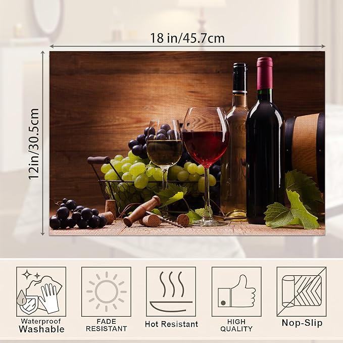 Wine Placemats Set of 6,Red White Grapes Wooden Linen Washable Kitchen Dining Table Mats Heat Resistant Place Mats for Home Party Indoor Holiday 12x18 Inch