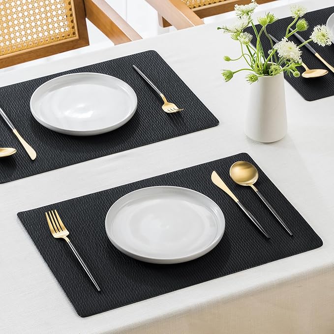 Jovono Faux Leather Placemats Set of 8, Waterproof Washable Table Mats, Easy-Clean Heat Resistant Kitchen Vinyl Place Mat for Dining Table, Restaurant, Indoor, 17.8"x11.8", Black