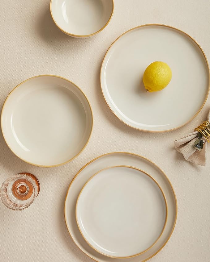 32 Piece Dinnerware Set for 8 with Pasta Bowls, Yellow White Reactive Glaze Stoneware | All‑in‑One Host Set for Entertaining, Holiday Meals, Multi‑Course Dish Set | Unique Irregular Look