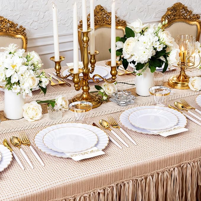 Ciaell 175 PCS White Scalloped Plastic Plates with Gold Trim - Gold Plastic Silverware with Handle - Fancy High-End Dinnerware Sets for Wedding & Party(25 Guests)