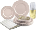 " OCCASIONS " 640pcs set (80 Guests)-Extra Heavyweight Vintage Wedding Disposable/Reusable Plastic Plates (80 x 11'' + 80 x 8.25'')+Silverware+Cups+Napkins (Chateau in Pink Blush)