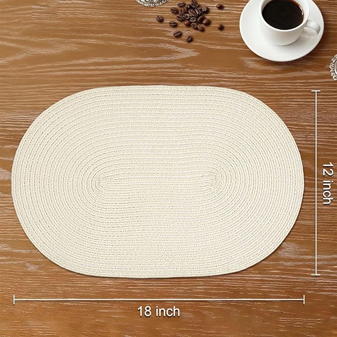 Noctiflorous Oval Braided Placemats Set of 6 Woven 12x18 Inch Non Slip Washable Heat Resistant Place Mats Round Tablemats for Dining Kitchen Party Daily Table Decor Dinner Mats (Solid Beige White, 6)