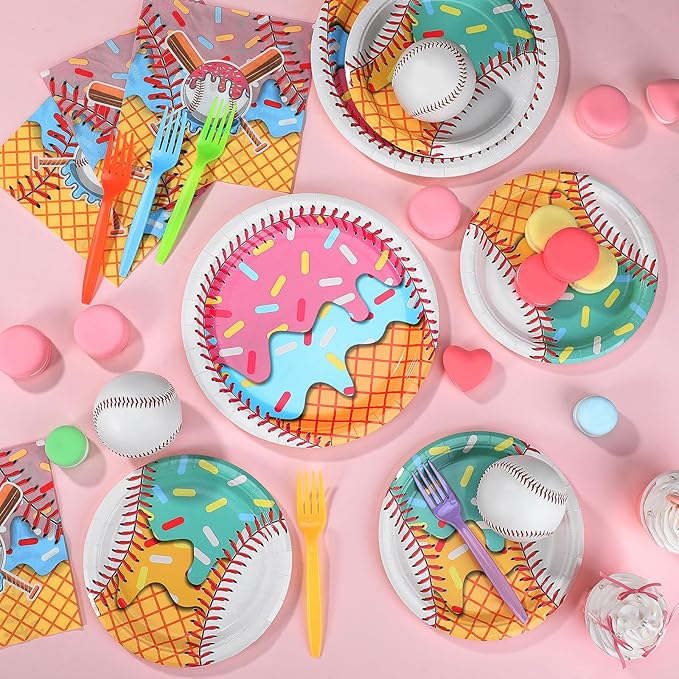 Yungyan 24 Sets Ice Cream Drip Baseball Party Supplies Disposable Ice-cream Drip Baseball Paper Plates and Napkins Forks Summer Sports Party Baby Shower Decoration Tableware Set Dinnerware for Women