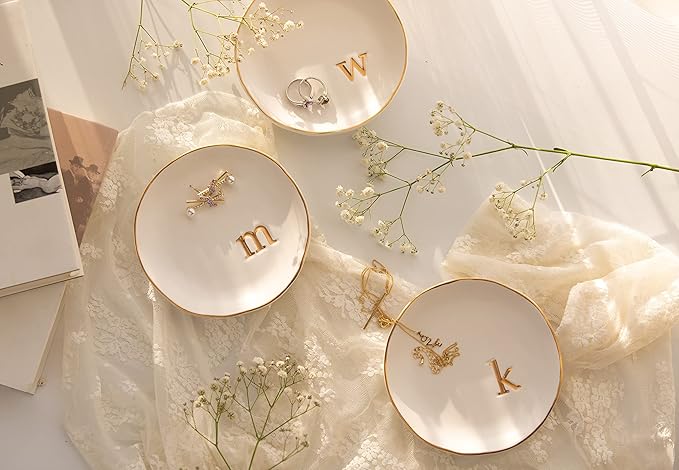 COLLECTIVE HOME - Ceramic Jewelry Tray, Decorative Trinket Dish for Rings Earrings Necklaces Bracelet Watch Keys, Birthday Mother's Day Christmas Gift for Women, 4.75", White Surface (T)