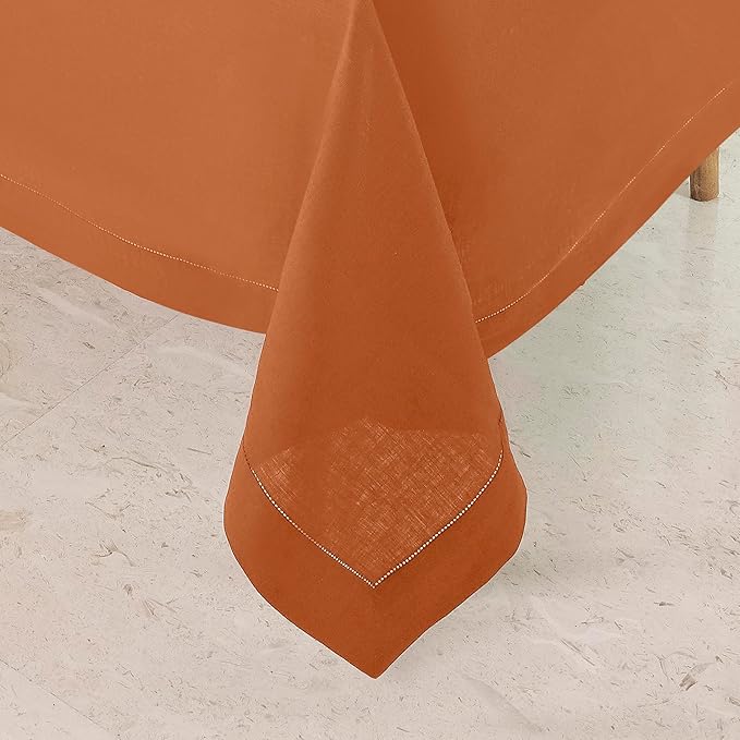 D'Moksha Homes Rust Linen Tablecloth 60 x 156 Inch - 100% Pure Linen Rust Tablecloth for Rectangle Tables - Classic Hemstitch, Machine Washable Table Cloth for Spring, Easter