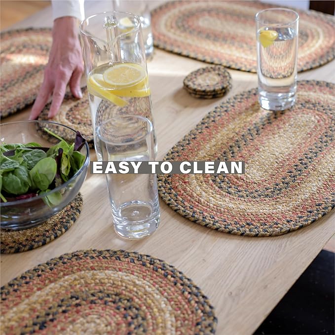 Homespice Russet Jute Braided Oval Placemats, Warm Country Decor, Set of 4, 13x19 Multicolor Table Mats - Vibrant Colors, Durable, Easy to Clean and Protects Furniture