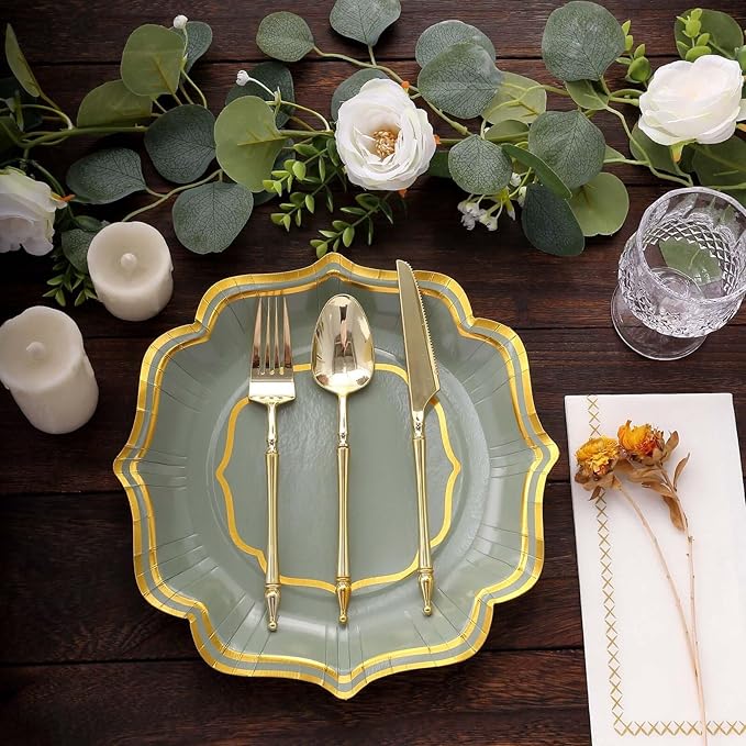 50 Pack 10" Sage Green/Gold Scallop Rim Dinner Plates, Disposable Round Paper Party Plates 300 GSM for Festive Table Decoration