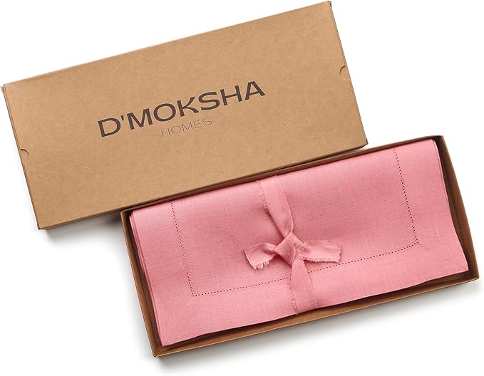 D'Moksha Homes Linen Dusty Pink Table Runner 84 Inches Long - 100% Pure Linen Table Runner 14 x 84 Inch for Valentines, Spring, Easter - Classic Hemstitch