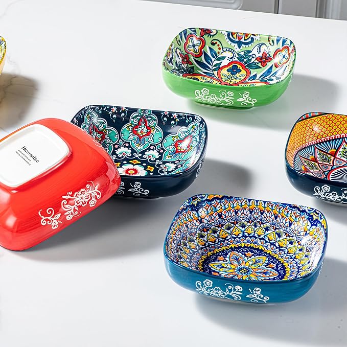 HENXFEN LEAD Boho Ceramic Square Bowls – 20 oz Colorful Bowls for Snacks, Dessert, Side Dishes, Pasta - 6 Inches Appetizer Plates Set of 6, Microwave & Dishwasher Safe
