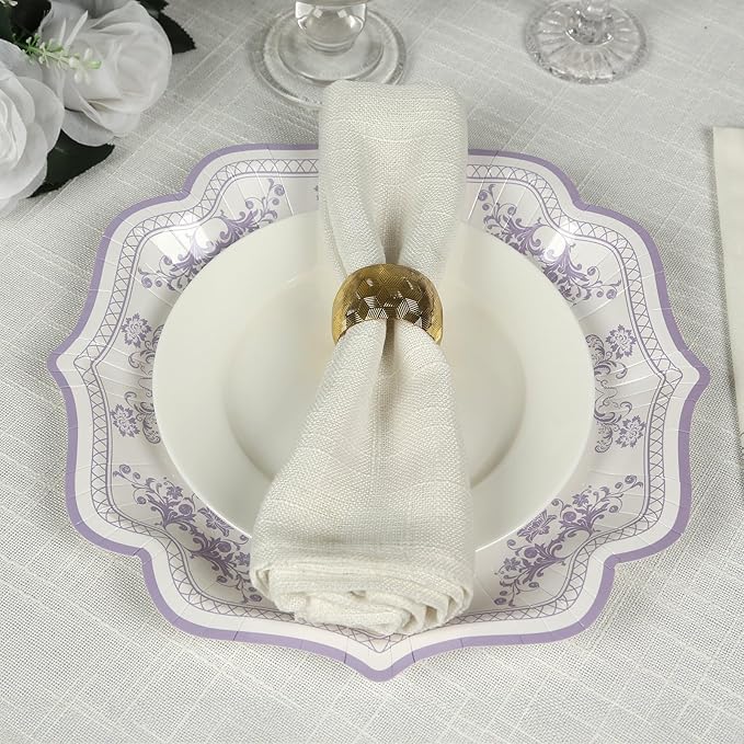 50 Pack 8" White Lavender Lilac French Toile Dessert Plates, Disposable Round Paper Floral Pattern Appetizer Salad Plates 300 GSM for Party Decoration