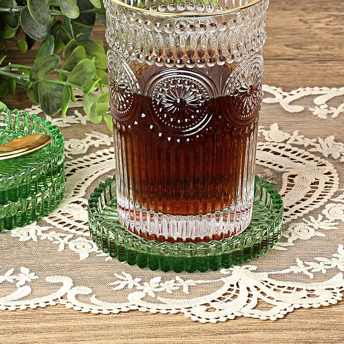 JUXYES 5 Pack Clear Green Crystal Coasters Round Cup Mat, Glass Coasters for Drinks Coffee Tea Wine, Decorative Wine Bottle Coaster, Crystal Drink Coasters for Restaurant bar Kitchen Dining Table