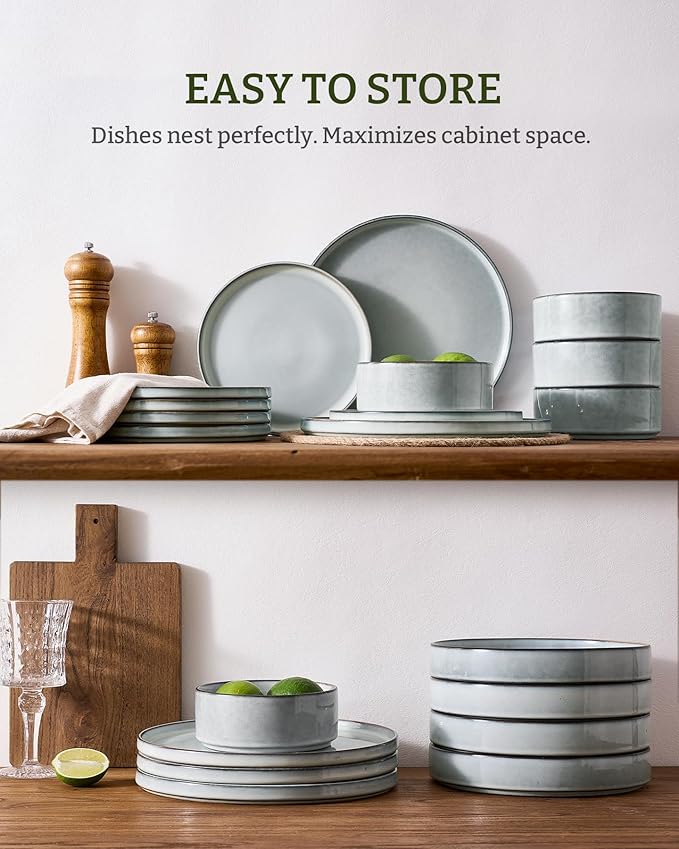 Famiware Annecy Plates and Bowls Sets, Service for 4 (16 Pieces), Dinnerware Sets with Pasta Bowls, Microwave and Dishwasher Safe Dishes Set, Chip and Scratch Resistant, Grey-Blue