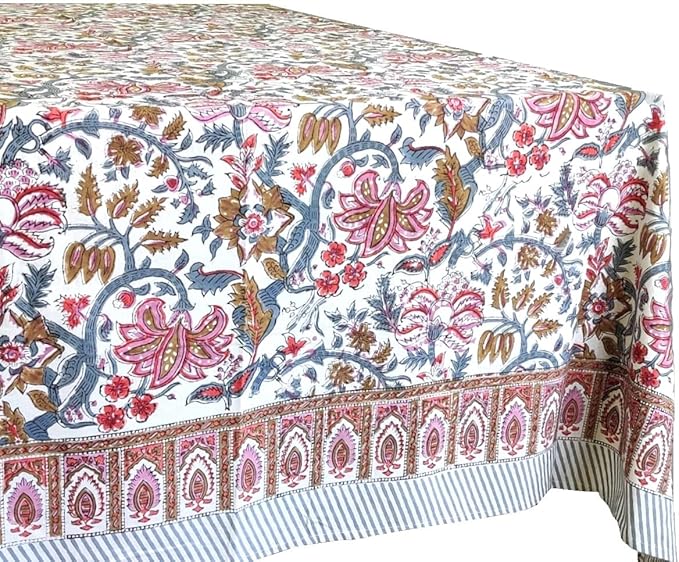 ATOSII Eden 100% Cotton Tablecloth, Handblock Floral Print Rectangle Linen for Kitchen Dining I Parties Wedding Christmas Thanksgiving Outdoors I Spring Summer 60 X 90 Inches I 6 Seater Table
