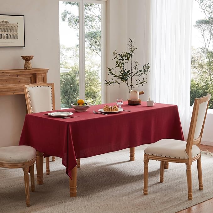 Linen Tablecloth for Rectangle Table, 60x120 Inch Burgundy, Farmhouse Style Red Tablecloth, Water Resistant Burlap Tablecloths for Dining Table Farmhouse Kitchen