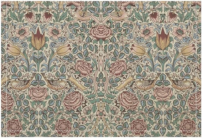 William Morris Placemat Set, Beige Blue Pink Vintage Rustic Art Exotic Ethnic Floral Bird Seamless Pattern Home Decor Linen Table Mats for Dining Room Kitchen Party (17x12in) x4P